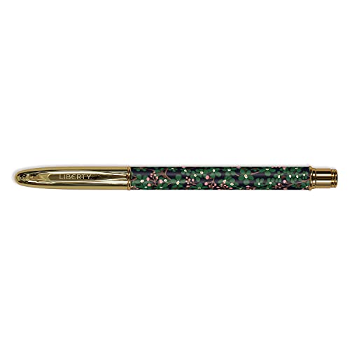 Floral patterned pen with gold accents, laid horizontally on a white background.