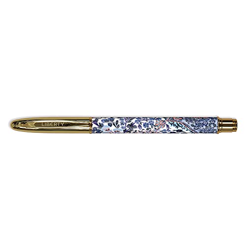 Floral patterned pen with gold accents, lying horizontally on white.