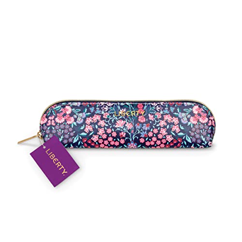 Floral navy pencil case with a Liberty tag attached.
