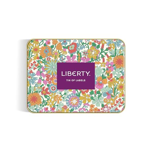 Floral patterned tin containing labels, with a purple "LIBERTY." logo.