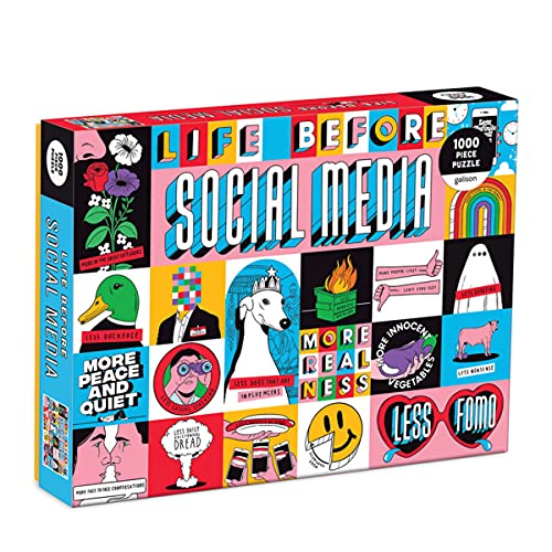 Puzzle box with colorful illustrations depicting life before social media.
