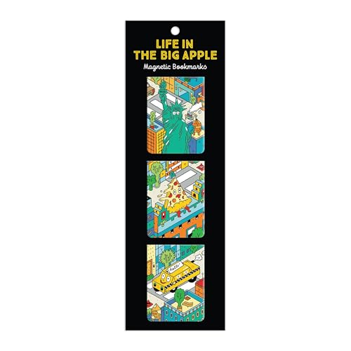 Black bookmark strip with three cartoon illustrations of New York City scenes.