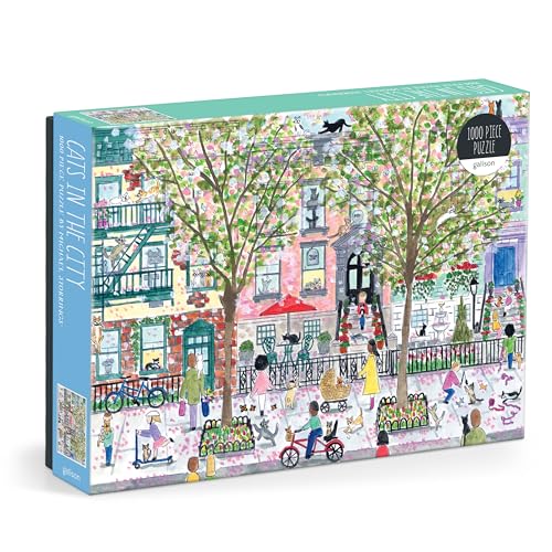 Colorful city street scene with many cats, depicted as a puzzle box.