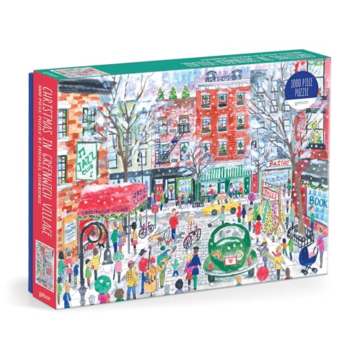 Colorful illustration of a snowy Greenwich Village street scene at Christmas.