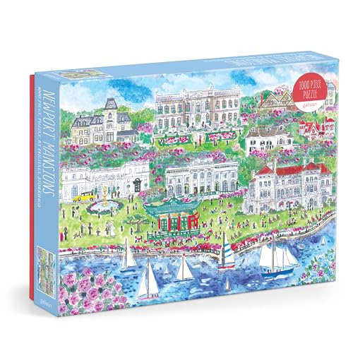 Watercolor painting of Newport mansions, gardens, and sailboats on the water.