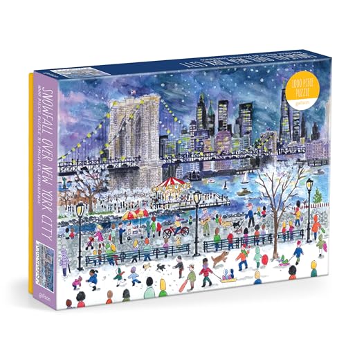 Snowy New York City scene with the Brooklyn Bridge and people in a park.