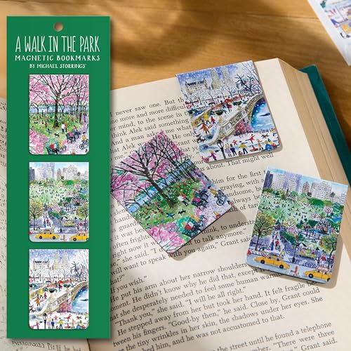Four colorful, illustrated magnetic bookmarks depicting scenes of Central Park.