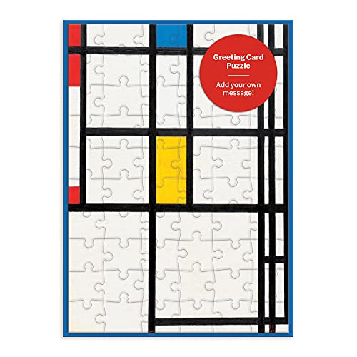 Mondrian-style puzzle card with primary colors, black lines, and white spaces.