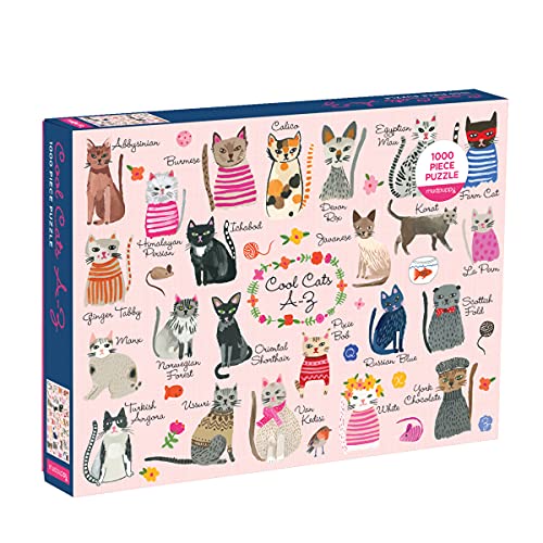 A 1000-piece puzzle box featuring illustrated cat breeds labeled from A to Z.