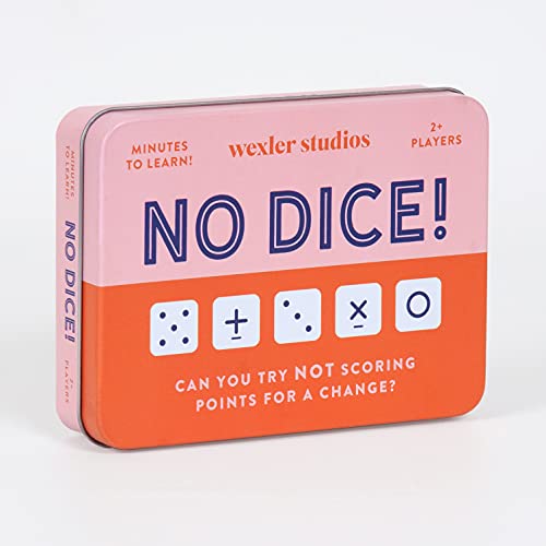 Orange and purple tin box for "No Dice!" card game with symbols.