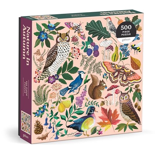 Puzzle box depicting owls, birds, a squirrel, and autumn foliage.