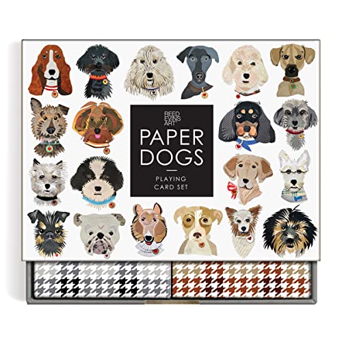 Box of playing cards featuring illustrations of various dog breeds.