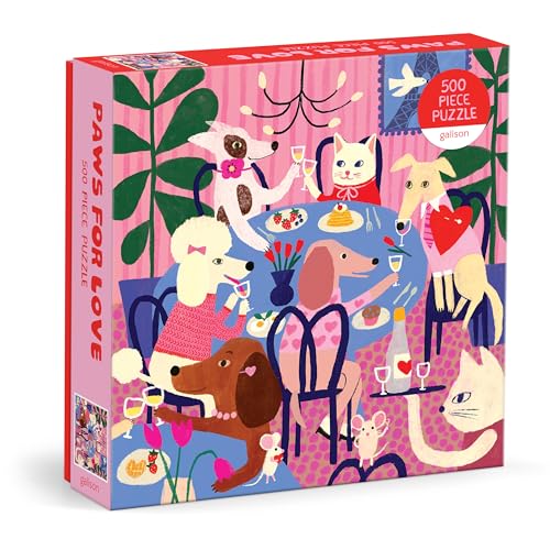 Puzzle box depicts dogs and cats having a dinner party.