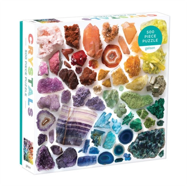 A 500-piece puzzle box featuring a colorful collection of various crystals arranged by color.