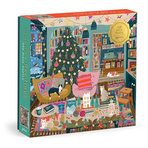 Cozy room with Christmas tree, cats, and bookshelves, 500-piece puzzle.