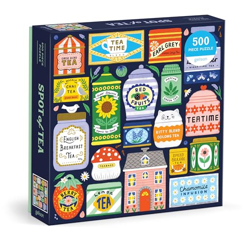 A 500-piece puzzle box featuring colorful illustrations of various tea tins and tea-related items.