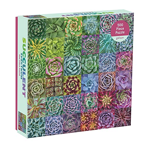 Box for a 500-piece puzzle depicting a colorful grid of succulents.