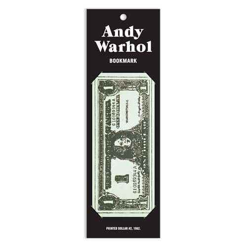Dollar bill shaped bookmark featuring Andy Warhol's Printed Dollar art on a black backing.