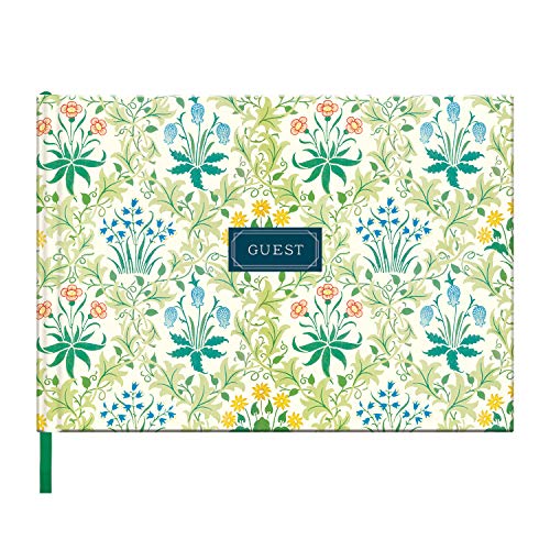 Guest book with William Morris Celandine floral pattern and a central blue Guest label.