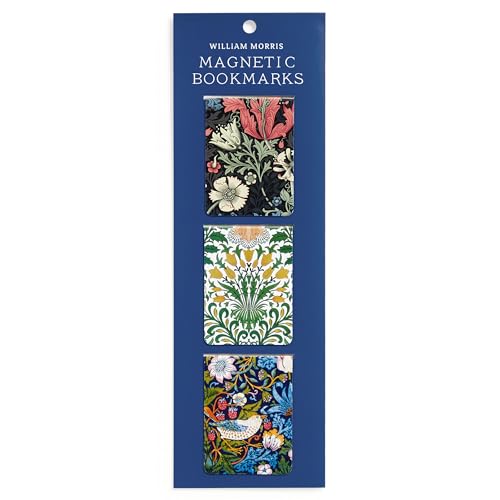 Three floral William Morris magnetic bookmarks on a blue card.