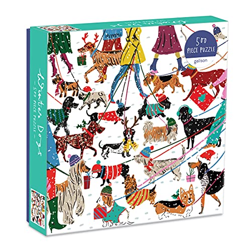 Colorful illustration of many dogs on leashes with a person in winter clothes.