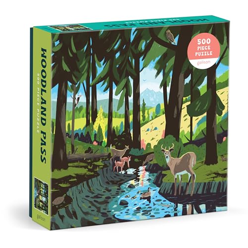 Box for a 500-piece puzzle featuring a stylized forest scene with deer and stream.