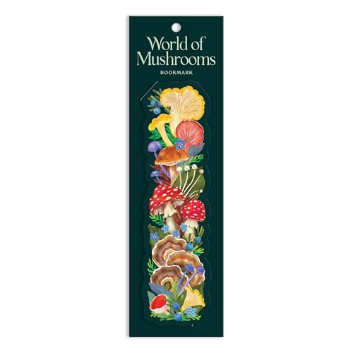 Tall bookmark with illustrated colorful mushrooms and botanical details.