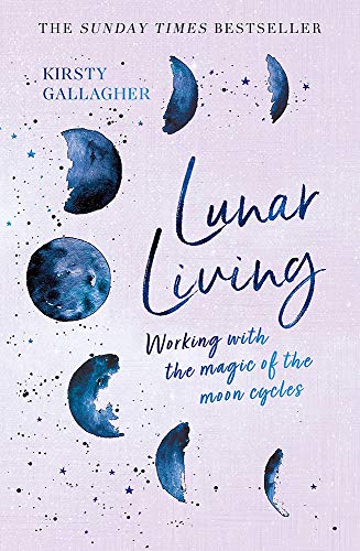 Book cover with blue moon phases and handwritten title "Lunar Living".