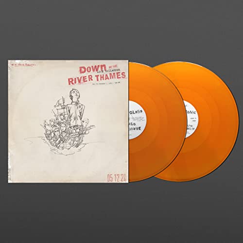 Liam Gallagher vinyl record cover with illustration next to two bright orange vinyl discs.