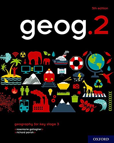 geog.2" textbook cover with colorful icons representing geography topics.