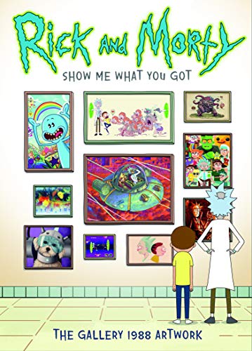 Rick and Morty viewing colorful, framed artwork in a gallery setting.