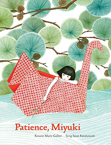 Girl riding a red origami swan among patterned green and blue foliage.