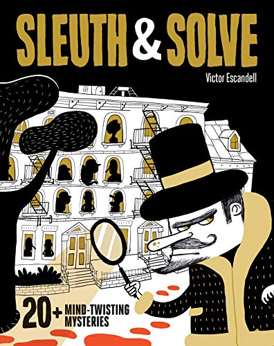 Book cover with illustrated detective, building, and magnifying glass.