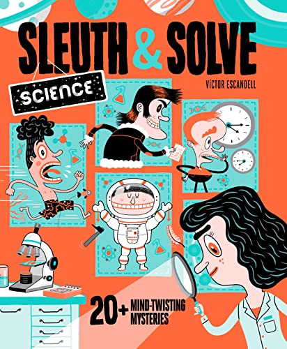 Book cover with cartoon scientists, magnifying glass, and colorful design.