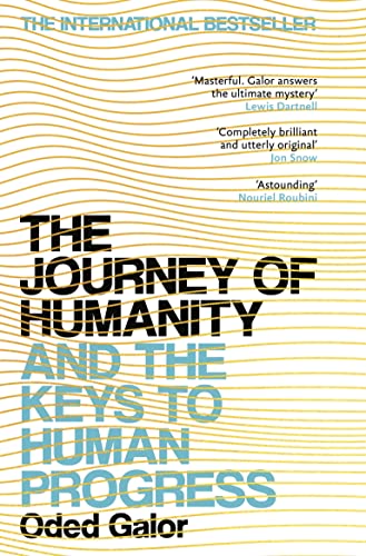 Book cover: "The Journey of Humanity" by Oded Galor, with blue and white stripes.