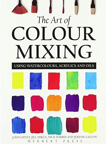 Book cover titled The Art of Colour Mixing with paintbrushes and colorful paint swatches.