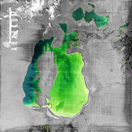 The alt text for the image is: "Album cover with a map of the Aral Sea in green."