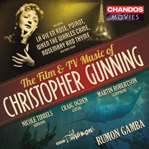 CD cover for Christopher Gunning’s film and TV music, featuring portraits and the Eiffel Tower.