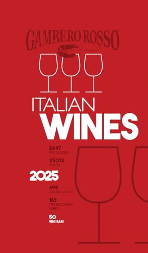 Red book cover for “Italian Wines 2025” with wine glass illustrations.