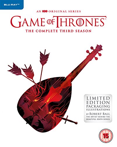 Game of Thrones Season 3 Blu-ray cover featuring a red lute pierced by arrows.