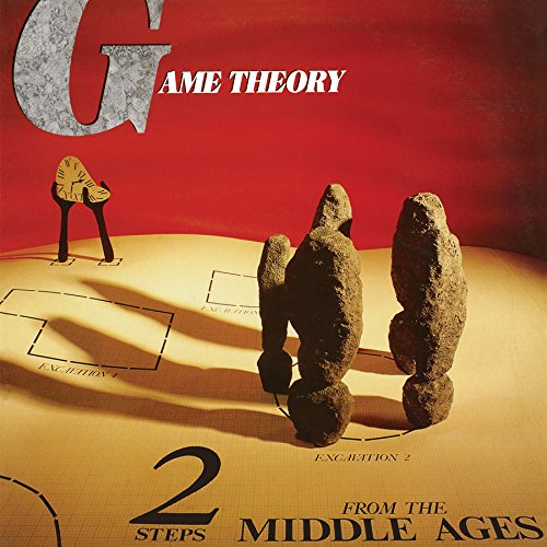 "Album cover with red background, grid, and stone figures, titled 'Game Theory 2 Steps'."