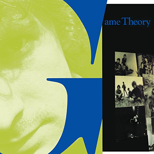 "CD cover with abstract green face, blue shape, and black background with small photos."