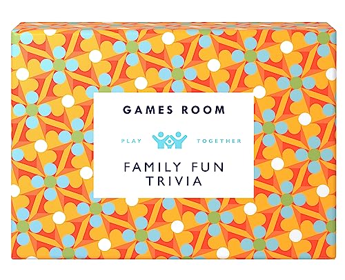 Rectangular "Family Fun Trivia" game box with a colorful floral pattern.