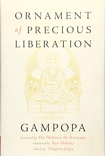 Book cover: "Ornament of Precious Liberation" with golden Buddha illustration.