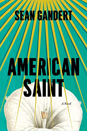 Book cover: "American Saint" with teal rays and a white flower.