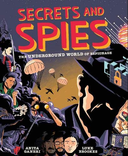 Book cover for "Secrets and Spies" with illustrated spies and parachutes.