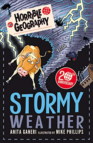 Book cover showing a cartoon cow flying in a tornado with lightning and debris.