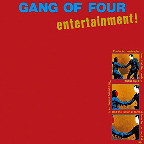 Red vinyl album cover with "Gang of Four" and "entertainment!" text, featuring comic strip images.