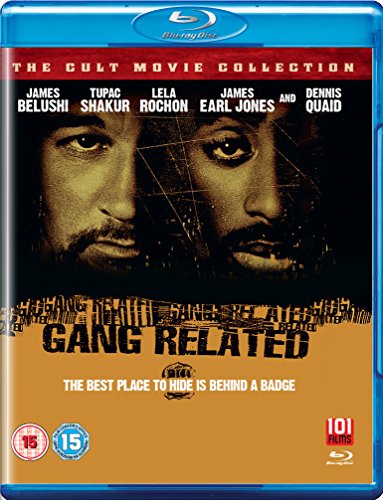 Blu-ray cover for "Gang Related" featuring close-ups of James Belushi and Tupac Shakur.