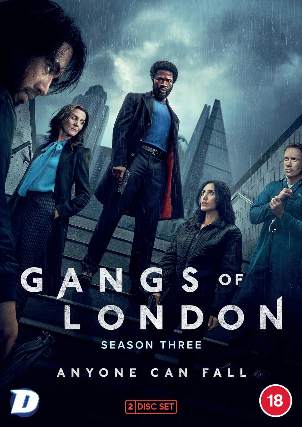DVD cover art for Gangs of London Season 3 featuring five cast members on stairs.